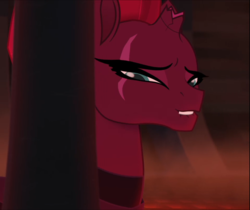 Size: 960x808 | Tagged: safe, screencap, tempest shadow, pony, unicorn, g4, my little pony: the movie, amused, armor, broken horn, cage, clothes, cropped, eye scar, faic, female, horn, lidded eyes, lip bite, looking at you, mare, mocking, scar, solo