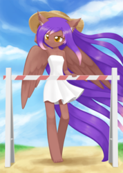 Size: 1000x1407 | Tagged: safe, artist:howxu, oc, oc only, oc:ashmëra, anthro, plantigrade anthro, anthro oc, armpits, barefoot, clothes, cloud, commission, dress, feet, female, hat, mare, sky, smiling, solo, spring, spring dress, spring hat, summer, summer dress, summer hat, sun hat, sundress, white dress
