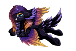 Size: 2916x1958 | Tagged: safe, artist:pridark, oc, oc only, oc:blooming lotus, pegasus, pony, colored wings, colored wingtips, commission, feathered ears, female, gradient mane, gradient wings, hoof on chin, looking at you, mare, prone, simple background, smiling, solo, spread wings, tail feathers, transparent background, underhoof, wings