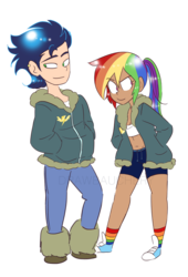 Size: 1353x1994 | Tagged: safe, artist:drawbauchery, rainbow dash, soarin', human, g4, clothes, converse, female, humanized, male, ship:soarindash, shipping, shoes, simple background, smiling, straight