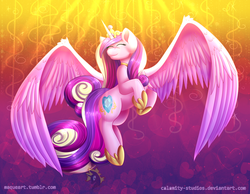 Size: 1350x1050 | Tagged: safe, artist:calamity-studios, princess cadance, alicorn, pony, g4, commission, eyes closed, female, large wings, mare, smiling, solo, spread wings, wings