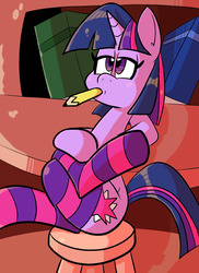 Size: 576x792 | Tagged: safe, artist:pembroke, twilight sparkle, pony, unicorn, g4, book, clothes, crossed legs, female, golden oaks library, mare, mouth hold, pencil, sitting, socks, solo, stool, striped socks, thigh highs, thighlight sparkle, thunder thighs