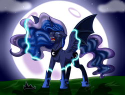 Size: 2900x2200 | Tagged: safe, artist:jack-pie, nightmare moon, princess luna, alicorn, pony, the moon rises, g4, bat wings, crying, eyes closed, female, full moon, high res, hybrid wings, magic, mare, moon, night, signature, solo, stars, transformation