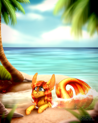 Size: 1287x1617 | Tagged: safe, artist:wolfs42, oc, oc only, oc:peanut bucker, crab, merpony, pony, beach, ocean, palm tree, solo, tree