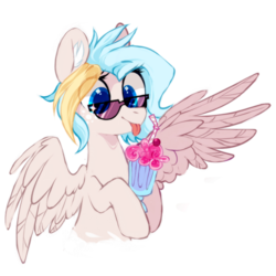 Size: 1000x1000 | Tagged: source needed, safe, artist:mirtash, oc, oc only, oc:teacup cake, pegasus, pony, rcf community, :p, cute, freckles, glasses, milkshake, ocbetes, silly, simple background, solo, sunglasses, tongue out, white background