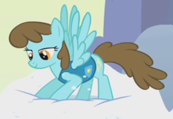 Size: 364x251 | Tagged: safe, screencap, chocolate blueberry, pegasus, pony, g4, winter wrap up, background pony, brown mane, cropped, crouching, female, lidded eyes, looking down, mare, recolor, snow, solo, spread wings, weather team, wings, winter wrap up vest
