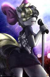 Size: 828x1280 | Tagged: safe, artist:gingerbreadarts, songbird serenade, anthro, g4, my little pony: the movie, clothes, female, hair over eyes, microphone, open mouth, singing, solo, stage
