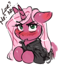 Size: 540x635 | Tagged: safe, artist:mrscurlystyles, oc, oc only, oc:pynk hyde, pony, :t, blushing, clothes, ears back, embarrassed, jacket, leather jacket, rock (music), rocker, solo