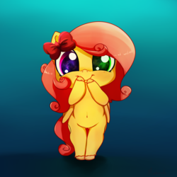 Size: 2500x2500 | Tagged: safe, artist:miokomata, oc, oc only, oc:soft melody, pegasus, pony, belly button, bipedal, bow, chibi, cute, female, gradient background, hair bow, heterochromia, high res, looking at you, ocbetes, smiling, solo