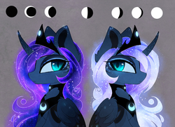 Size: 1842x1337 | Tagged: safe, artist:magnaluna, princess luna, alicorn, pony, g4, alternate design, alternate hairstyle, alternate universe, female, full moon, lunar phases, mare, moon, new moon, simple background, solo, white-haired luna