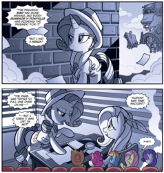 Size: 1004x1056 | Tagged: safe, artist:tonyfleecs, idw, official comic, fluttershy, rarity, pony, unicorn, g4, spoiler:comic, spoiler:comic66, black and white, clothes, comic, cropped, female, grayscale, hat, mare, monochrome, movie, noir, speech bubble, trenchcoat
