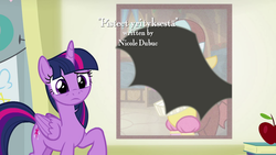 Size: 1280x720 | Tagged: safe, screencap, chancellor puddinghead, spike, twilight sparkle, alicorn, dragon, pony, g4, marks for effort, season 8, credits, finnish, nicole dubuc, shadow, twilight sparkle (alicorn), winged spike, wings