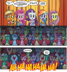 Size: 893x949 | Tagged: safe, artist:tonyfleecs, idw, official comic, applejack, fluttershy, pinkie pie, rainbow dash, rarity, earth pony, pegasus, pony, unicorn, g4, spoiler:comic, spoiler:comic66, background pony audience, clothes, comic, cropped, dialogue, dress, female, gala dress, laughing, mare, smiling, speech bubble