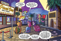 Size: 942x646 | Tagged: safe, artist:tonyfleecs, idw, official comic, a.k. yearling, applejack, coloratura, fluttershy, pinkie pie, rainbow dash, rarity, earth pony, pegasus, pony, unicorn, g4, spoiler:comic, spoiler:comic66, applewood, butt, clothes, comic, cropped, dialogue, dress, female, flying, gala dress, implied coloratura, implied daring do, mare, plot, speech bubble