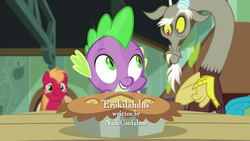 Size: 1280x720 | Tagged: safe, screencap, big macintosh, discord, spike, draconequus, dragon, pony, g4, the break up breakdown, finnish, food, male, nick confalone, opening credits, pie, stallion, trio