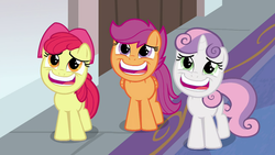 Size: 1280x720 | Tagged: safe, screencap, apple bloom, scootaloo, sweetie belle, earth pony, pegasus, pony, unicorn, g4, marks for effort, adorabloom, cute, cutealoo, cutie mark crusaders, cutie mark cuties, diasweetes, faic, please, smiling, weapons-grade cute