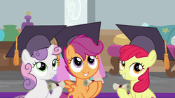 Size: 1280x720 | Tagged: safe, screencap, apple bloom, scootaloo, sweetie belle, earth pony, pony, g4, marks for effort, cutie mark crusaders, diploma, graduation cap, hat