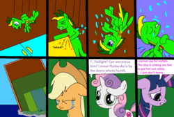 Size: 1023x692 | Tagged: safe, artist:didgereethebrony, applejack, sweetie belle, twilight sparkle, oc, oc:didgeree, alicorn, pony, g4, bleeding, blood, broken wing, crying, falling, glass, injured, shattered glass, tears of pain, twilight sparkle (alicorn), x-ray