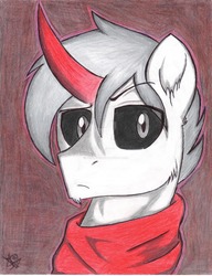 Size: 1600x2080 | Tagged: safe, artist:pollito15, oc, oc only, pony, unicorn, black sclera, bust, colored horn, curved horn, horn, male, portrait, solo, stallion, traditional art