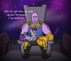 Size: 1596x1367 | Tagged: safe, artist:sirvalter, maud pie, earth pony, pony, g4, avengers, avengers: infinity war, crossover, duo, female, holding a pony, infinity gauntlet, infinity stones, mare, smiling, thanos, throne