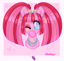 Size: 3400x3200 | Tagged: safe, artist:bunxl, pacific glow, earth pony, pony, g4, bubblegum, ethereal mane, female, food, gum, heart, heart eyes, high res, mare, solo, sparkly eyes, starry eyes, starry mane, wingding eyes
