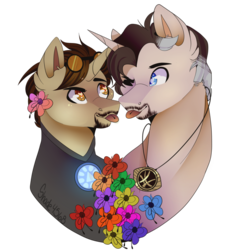 Size: 1024x1072 | Tagged: safe, artist:shade4568, pony, bust, doctor strange, flower, gay, heart eyes, male, marvel, mlem, ponified, portrait, shipping, silly, simple background, tongue out, tony stark, transparent background, wingding eyes