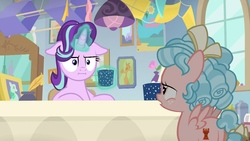 Size: 1280x720 | Tagged: safe, screencap, cozy glow, starlight glimmer, pony, unicorn, g4, marks for effort, season 8, :i, bow, butt, chocolate, cozy glutes, empathy cocoa, faic, female, filly, floppy ears, foal, food, glowing horn, guidance counselor, hair bow, horn, hot chocolate, i mean i see, it begins, kite, lidded eyes, magic, marshmallow, meme, meme origin, open mouth, plot, starlight's office, story in the comments, tail bow, telekinesis, that pony sure does love kites, unamused