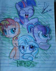 Size: 576x731 | Tagged: safe, artist:emositecc, starlight glimmer, sunset shimmer, trixie, twilight sparkle, pony, unicorn, g4, female, filly, filly starlight glimmer, filly sunset shimmer, filly trixie, filly twilight sparkle, lined paper, magical quartet, pigtails, traditional art, young, younger