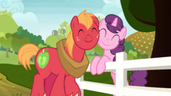 Size: 1600x900 | Tagged: safe, screencap, big macintosh, sugar belle, earth pony, pony, unicorn, g4, marks for effort, my little pony: friendship is magic, ^^, adorable face, cute, duo, eyes closed, female, male, mare, nuzzling, ship:sugarmac, shipping, smiling, stallion, straight, sugarbetes