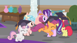 Size: 1600x900 | Tagged: safe, edit, edited screencap, screencap, apple bloom, cozy glow, scootaloo, starlight glimmer, sweetie belle, earth pony, pegasus, pony, unicorn, g4, marks for effort, a better ending for cozy, adorabloom, cute, cutealoo, cutie mark crusaders, diasweetes, excited, female, filly, graduation cap, happy, hat, mare, open mouth, prancing