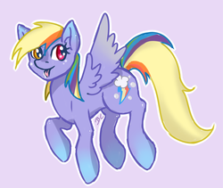 Size: 1024x863 | Tagged: safe, artist:burû, derpy hooves, rainbow dash, pegasus, pony, g4, female, flying, fusion, fusion:derpy hooves, heterochromia, mare, signature, simple background, solo, tongue out