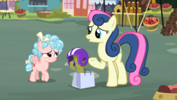 Size: 1600x900 | Tagged: safe, screencap, bon bon, cozy glow, sweetie drops, earth pony, pegasus, pony, g4, marks for effort, cactus, duo, female, filly, helmet, mare, raised hoof, shopping bag