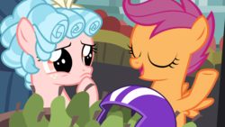 Size: 1600x900 | Tagged: safe, screencap, cozy glow, scootaloo, pegasus, pony, g4, marks for effort, cozybetes, cute, female, filly, food, pear
