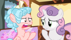Size: 1600x900 | Tagged: safe, screencap, cozy glow, sweetie belle, pony, g4, marks for effort, annoyed, confuzy glow, cozy glow is best facemaker, cozy glow is not amused, faic, female, filly, foal