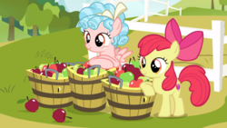 Size: 1600x900 | Tagged: safe, screencap, apple bloom, cozy glow, g4, marks for effort, apple, female, filly, food