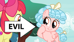Size: 1280x720 | Tagged: safe, edit, edited screencap, screencap, apple bloom, cozy glow, pegasus, pony, g4, marks for effort, bow, caption arrow, cozy glow is best facemaker, cozybetes, cute, evil, female, filly, foal, hair bow, hilarious in hindsight, op was right, pure concentrated unfiltered evil of the utmost potency, pure unfiltered evil, ringlets, tail bow, tree, truth