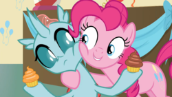 Size: 1280x720 | Tagged: safe, screencap, ocellus, pinkie pie, changedling, changeling, earth pony, pony, g4, marks for effort, cheek squish, cupcake, cute, dessert, diaocelles, duo, duo female, female, food, squishy cheeks