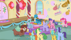 Size: 1600x900 | Tagged: safe, screencap, auburn vision, berry blend, berry bliss, citrine spark, fire quacker, gallus, huckleberry, november rain, ocellus, peppermint goldylinks, pinkie pie, scootaloo, yona, changedling, changeling, earth pony, griffon, pegasus, pony, yak, g4, marks for effort, bagpipes, balloon, butt, cupcake, female, food, french horn, friendship student, horn, keyboard, male, mare, musical instrument, plot, school of friendship, stallion, trombone