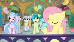 Size: 1600x900 | Tagged: safe, screencap, end zone, fluttershy, sandbar, silverstream, slate sentiments, strawberry scoop, summer meadow, butterfly, classical hippogriff, earth pony, hippogriff, pony, unicorn, g4, marks for effort, cute, eyes closed, female, friendship student, male, mare, school of friendship, shyabetes, teenager