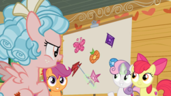 Size: 1600x900 | Tagged: safe, screencap, apple bloom, cozy glow, scootaloo, sweetie belle, earth pony, pony, g4, marks for effort, cutie mark crusaders, element of generosity, element of honesty, element of kindness, element of laughter, element of loyalty, element of magic, elements of harmony, female, filly, foreshadowing