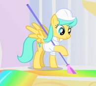 Size: 195x175 | Tagged: safe, screencap, sunshower raindrops, pegasus, pony, g4, sonic rainboom (episode), alternate hairstyle, background pony, cropped, female, hard hat, hoof hold, liquid rainbow, mare, picture for breezies, solo, spread wings, stirring, weather factory uniform, wings