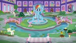 Size: 1280x720 | Tagged: safe, screencap, bon bon, carrot top, cherry cola, cherry fizzy, clever musings, daisy, end zone, florina tart, flower wishes, golden harvest, lily, lily valley, rainbow dash, royal riff, sassaflash, slate sentiments, strawberry scoop, sugar maple, summer breeze, summer meadow, sweetie drops, violet twirl, pegasus, pony, g4, non-compete clause, apple family member, background pony, bench, book, bridge, female, flower, flying, fountain, friendship student, gramophone, hair bun, magic, male, mare, school of friendship, stallion, sunglasses