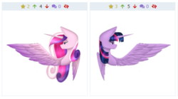 Size: 490x272 | Tagged: safe, artist:imbirgiana, part of a set, princess cadance, twilight sparkle, alicorn, pony, derpibooru, g4, bust, female, juxtaposition, lidded eyes, mare, meta, one wing out, simple background, smiling, twilight sparkle (alicorn)