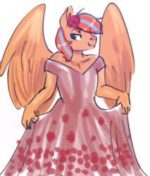 Size: 540x635 | Tagged: safe, artist:mrscurlystyles, oc, oc only, oc:cold front, pegasus, anthro, anthro oc, clothes, crossdressing, dress, flower, looking at you, male, smiling, solo, stallion, that stallion sure does love dresses