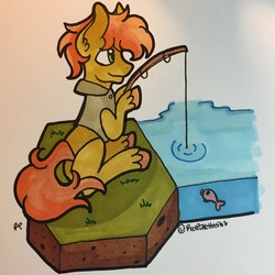Size: 3024x3024 | Tagged: safe, artist:redpalette, earth pony, pony, copic, cute, fishing, high res, traditional art