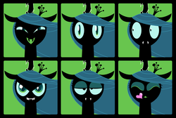 Size: 1551x1041 | Tagged: safe, artist:konno, queen chrysalis, changeling, changeling queen, g4, angry, chart, evil smile, eyes closed, facial expressions, fangs, female, green background, grin, heart, laughing, looking at you, simple background, smiling, solo