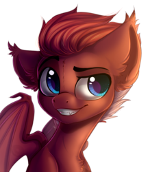 Size: 799x840 | Tagged: dead source, safe, artist:freckleplant, oc, oc only, bat pony, pony, bust, dreamworks face, female, mare, portrait, raised eyebrow, simple background, solo, transparent background