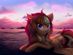 Size: 1024x768 | Tagged: dead source, safe, artist:freckleplant, oc, oc only, pegasus, pony, beach, commission, female, looking at you, mare, raised eyebrow, scenery, smiling, solo, spread wings, water, wings, ych result