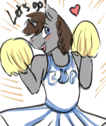 Size: 1280x1506 | Tagged: safe, artist:mrscurlystyles, oc, oc only, oc:disty, unicorn, anthro, cheering, cheerleader, cheerleader outfit, crossdressing, cute, heart, male, male cheerleader, pom pom, smiling, solo, stallion