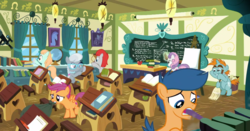 Size: 1366x714 | Tagged: safe, screencap, first base, peach fuzz, scootaloo, silver spoon, snips, sweetie belle, train tracks (g4), pony, unicorn, g4, marks for effort, my little pony: friendship is magic, broom, colt, male, ponyville schoolhouse, school